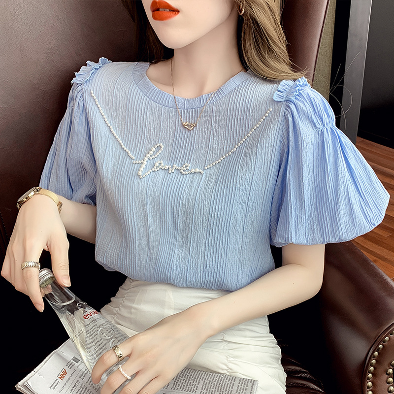 Title 5, Top Puff Sleeve Solid Color Short-sleeved Shirt