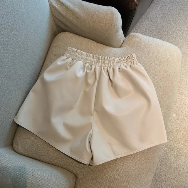 Pu Leather Shorts Women High Waist Loose Split Casual Pants Apricot - Shop at LoveMi