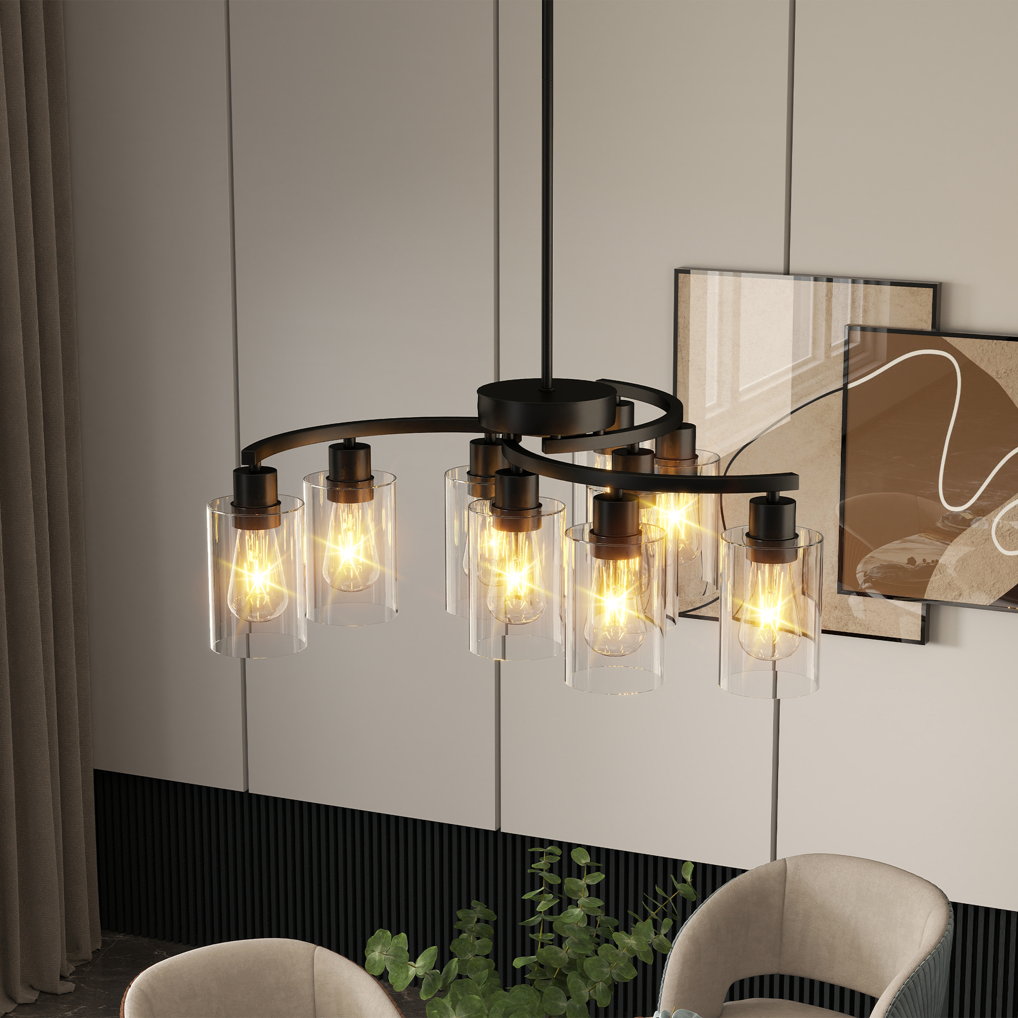 9-Light Black Modern Chandeliers For Dining Room, Adjustable Height Farmhouse Kitchen Island Lighting, Industrial Hanging Light Fixtures For Living Room Bedroom, Clear Glass Shade