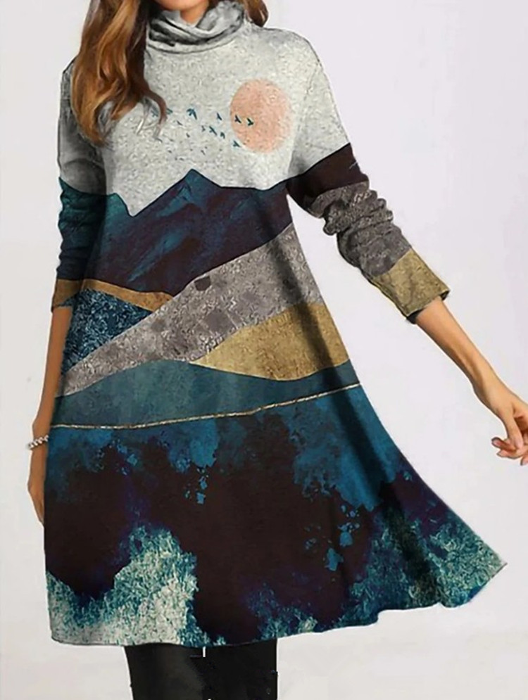 Women's Printed Pile-neck Long-sleeved Large Hem Dress