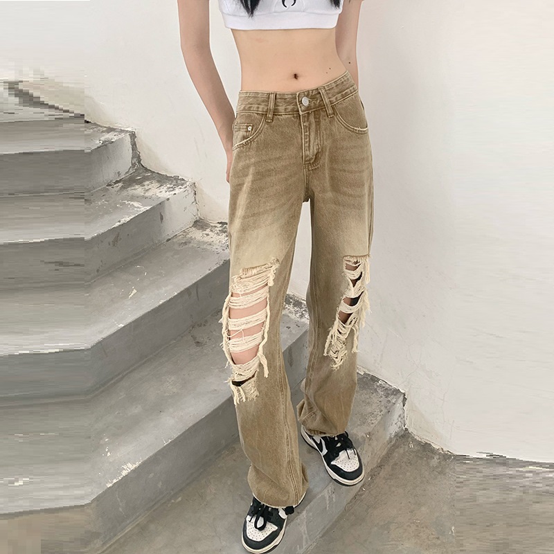 High Waist High Street Denim Retro Casual Straight Trousers
