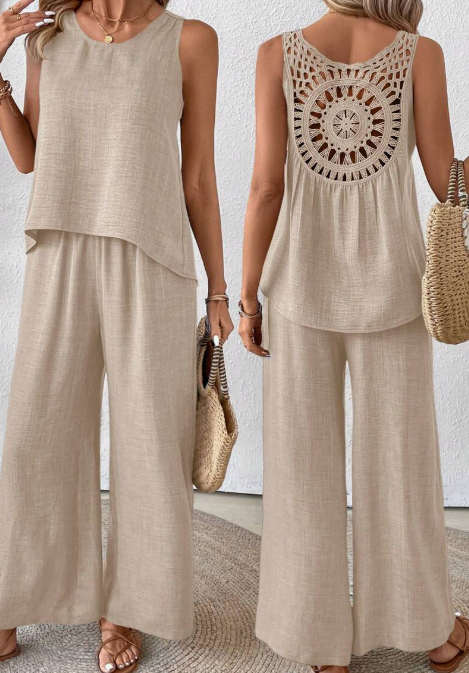 Solid Tank Top & Wide Leg Pants For Summer Vacation Khaki - Shop at LoveMi