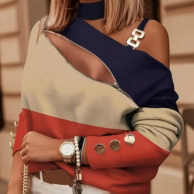 Women's Elegant Zip Front Blouse, Button Detail Cold Shoulder Top With Color Block Design For Layering Multicolor - Shop at LoveMi