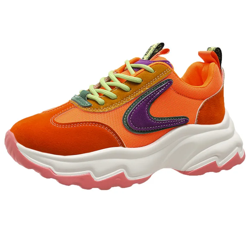 Mixed-color Lace -up Sneakers For Women Fashion Casual Lightweight Thick Bottom Running Sports Shoes - Orange