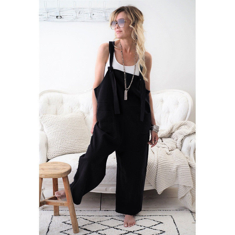 Casual Straight leg Trousers With Solid Color Straps And Pockets Black - Shop at LoveMi
