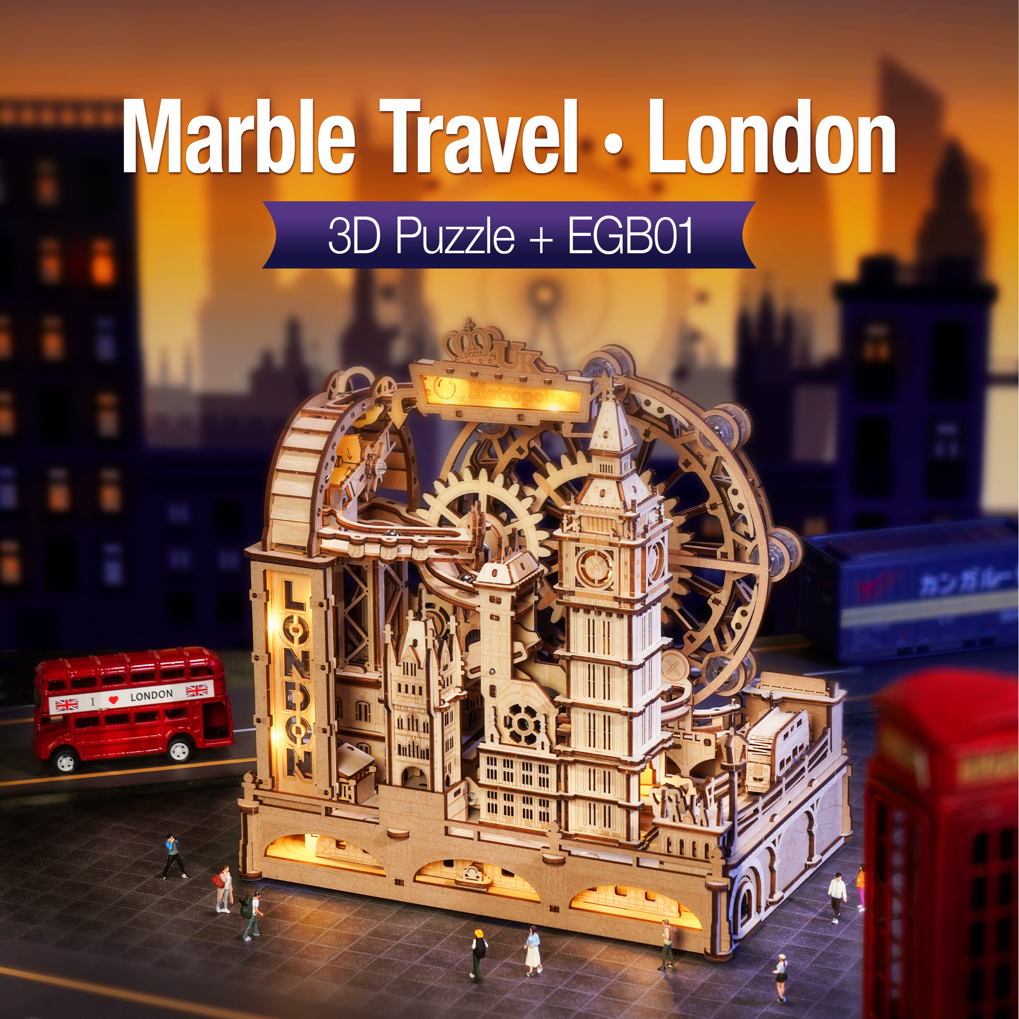ROKR 3D Wooden Puzzle Marble Track - London City Model With LED Lights, 431-Piece Mechanical Building Set, Perfect For DIY Educational Engineering Art Gifts For Adults And Teens