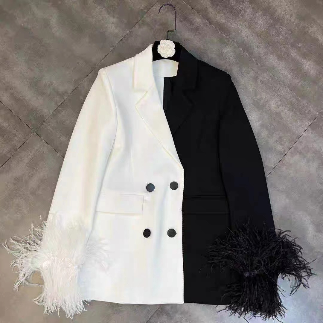 Spring Lapel Long-sleeved Black And White Color-blocked Cuffs Ostrich Hair Thin Sweet Cool Suit Jacket Trendy