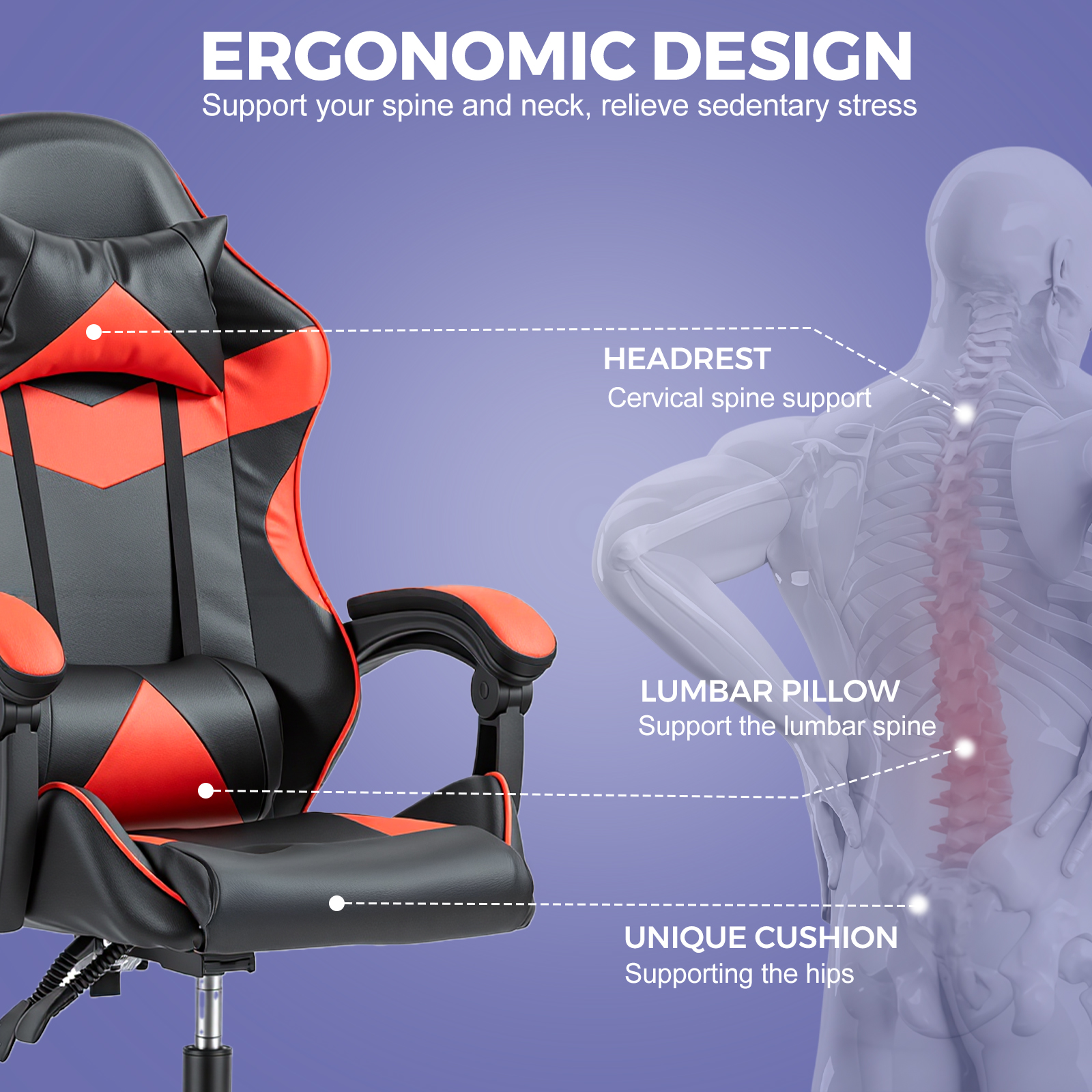 Gaming Reclining Swivel Chair For Adults,Ergonomic Racing PC With Lumbar Support — image 11