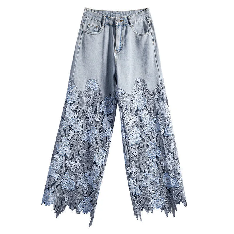 Lace Stitching Wide Leg High Waist Blue Jeans - Blue