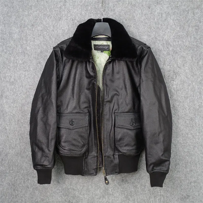 Detachable Fur Collar Flight Suit Cowhide Leather