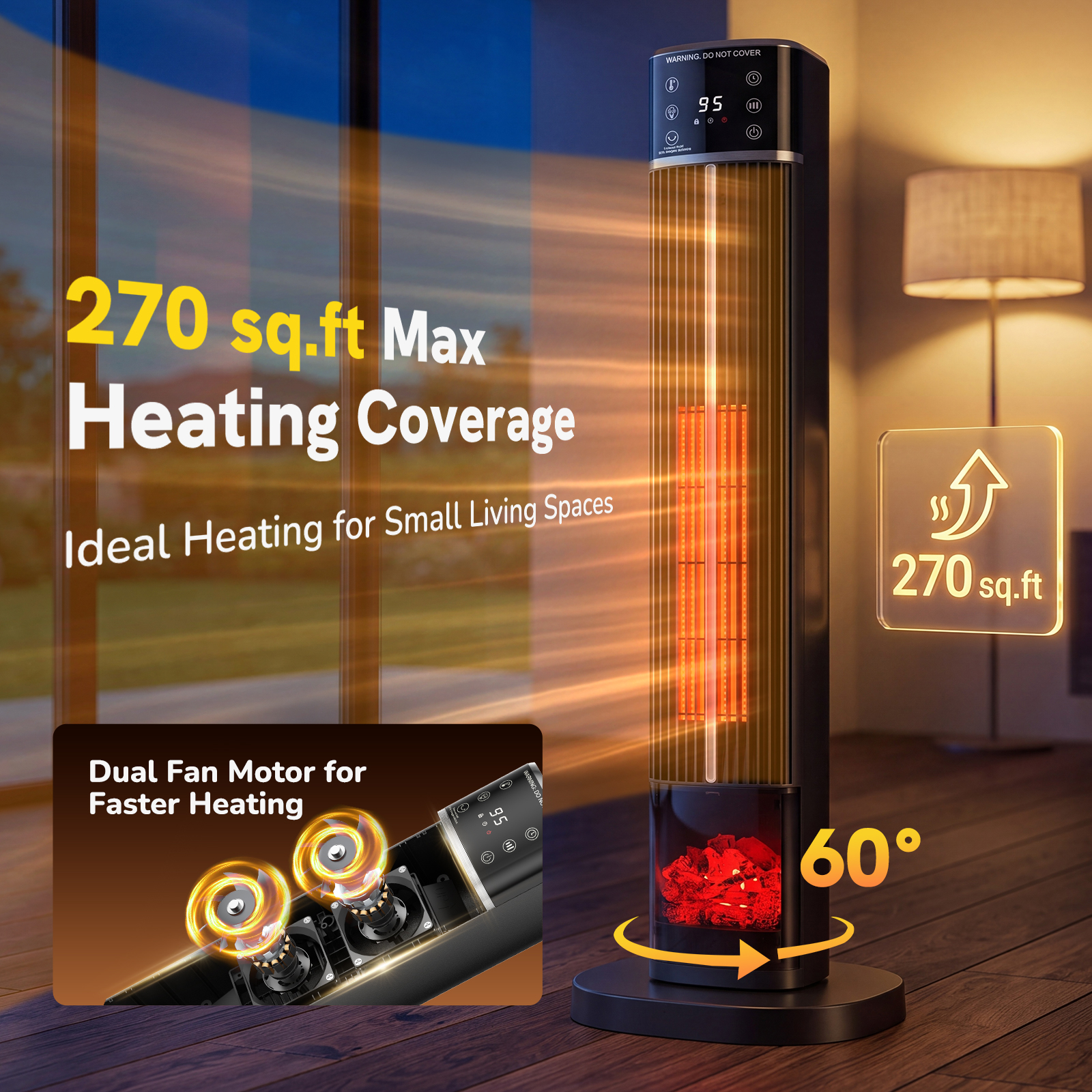 Space Heater, Ceramic Tower Electric Heater For Indoor Use image 8