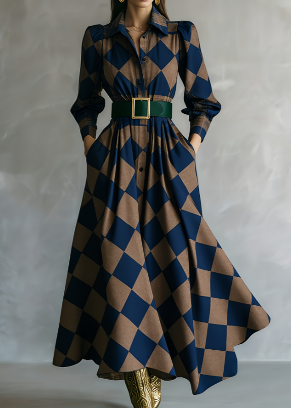 Waist-cinching Shirt Collar Casual Long Dress