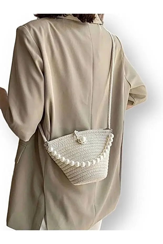 Women White Shoulder Bag With Pearl Design Elegant Baguette Handbag
