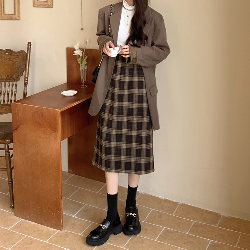 Plaid A-line Skirt Retro High Waist Split Straight Skirt