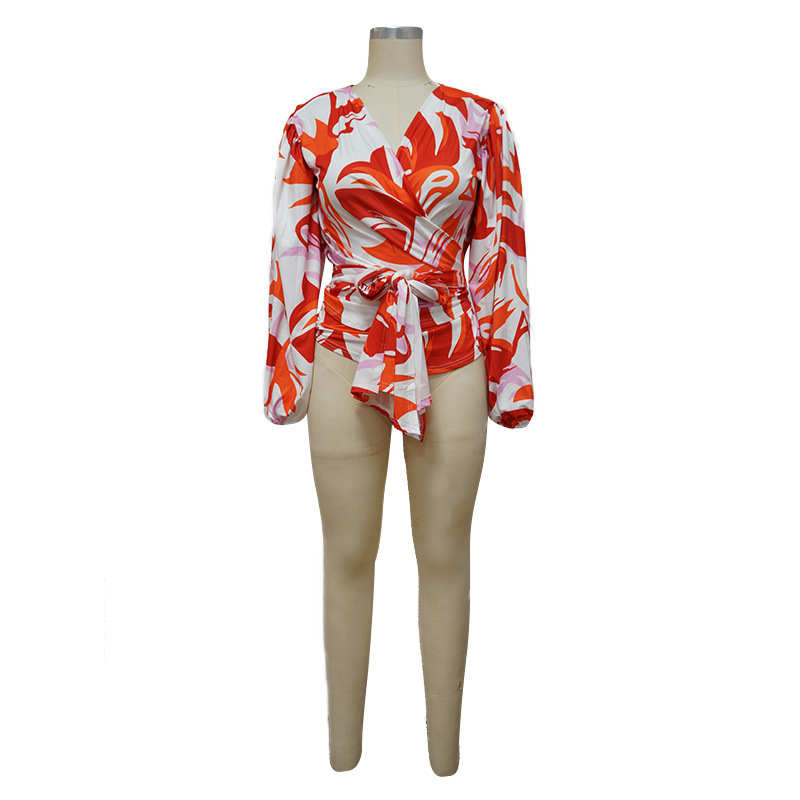 Fashion Print Deep V Neck Knotted Ruffle Long Sleeve Shirt