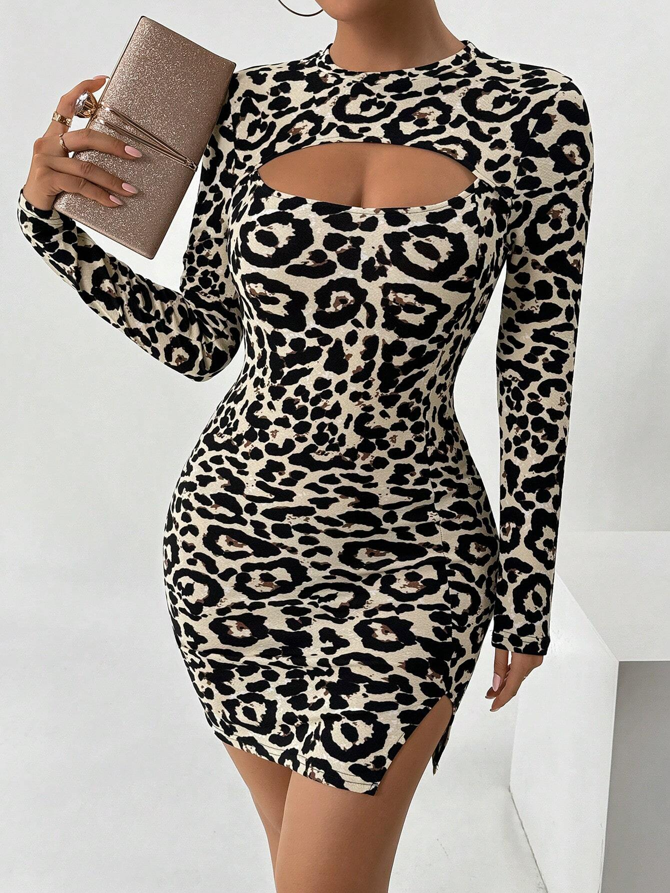 Women's Sexy Leopard Print Hollow Out Slit Bodycon Midi Dress