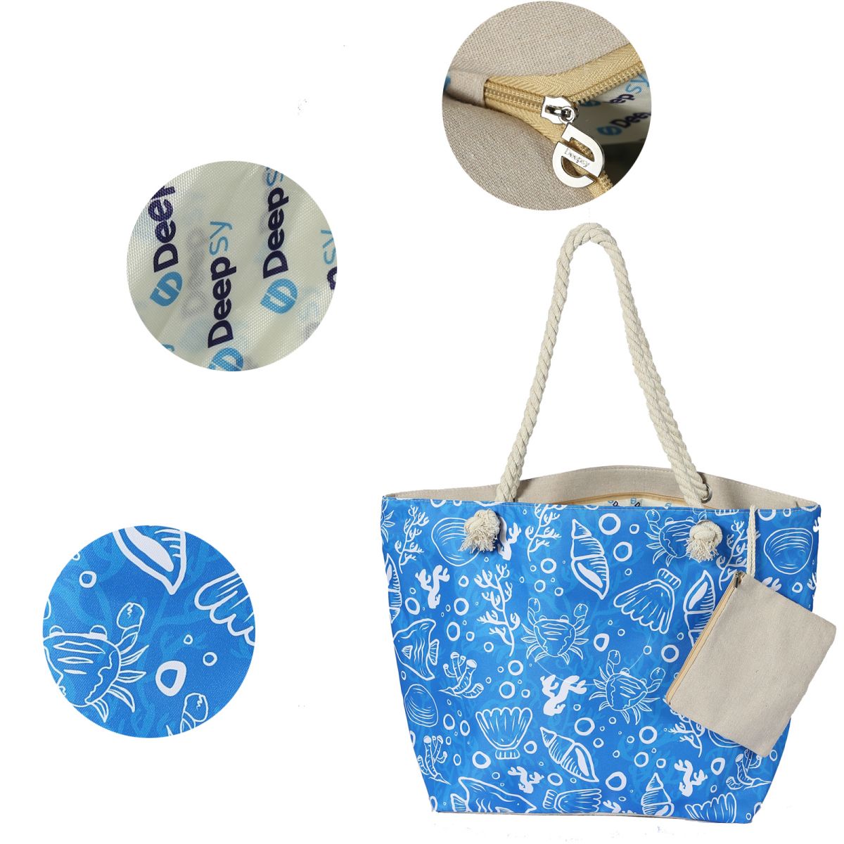 Waterproof Beach Tote Bag for Women. MATERIAL: Unique outer canvas material, inter polyester, hemp rope handle, foldable, easy to clean, waterproof and sandproof, durable and washable. LARGE BEACH BAG: Size 22.83 X 7.87 X 14.96 inch, there is enough space