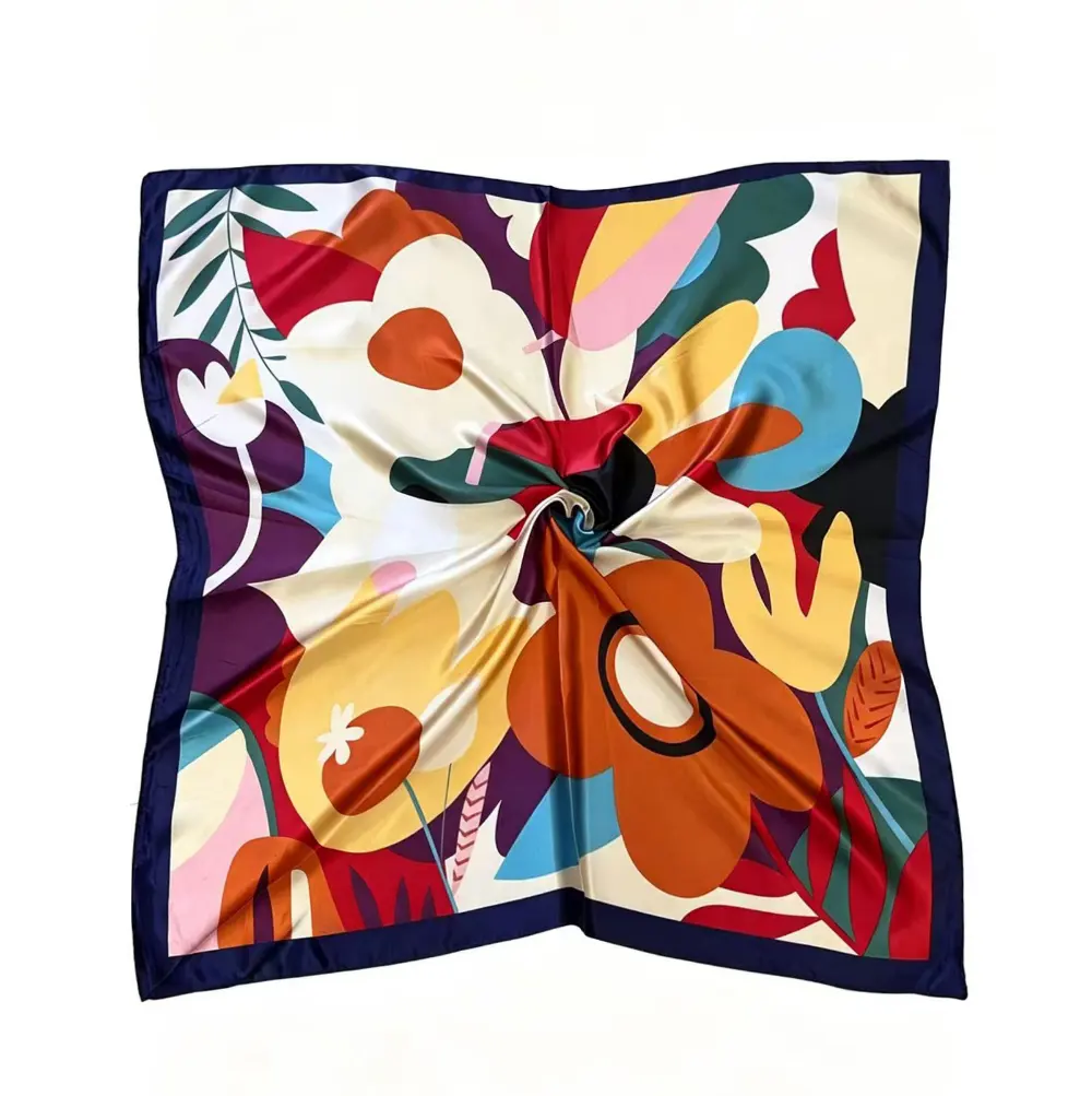 Abstract Floral Imitation Satin Square Scarf, Retro