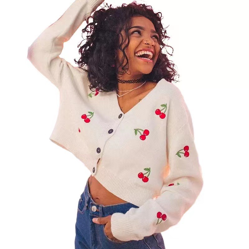Long sleeve V-neck Straight Cherry Embroidered Cardigan Ssweater