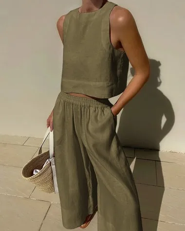 Loose Solid Color Sleeveless Shirt And Trousers Two piece Set Olive - Shop at LoveMi