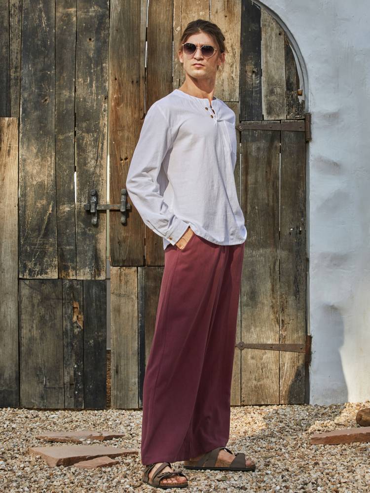 New Men's Youth Thin Two-Button V-Neck Linen Long Sleeve Shirt