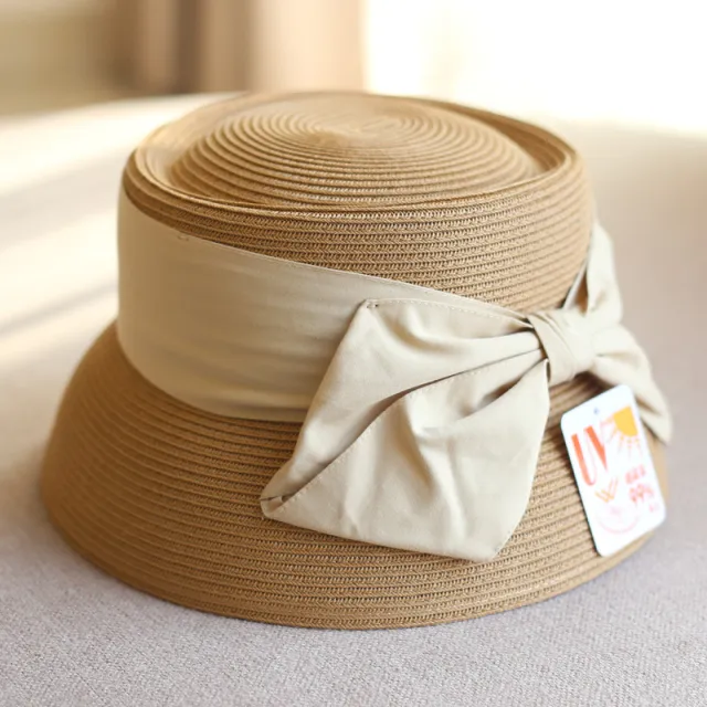 Concave Top Straw Woven Bucket Hat Cotton Bow Khaki - Shop at LoveMi