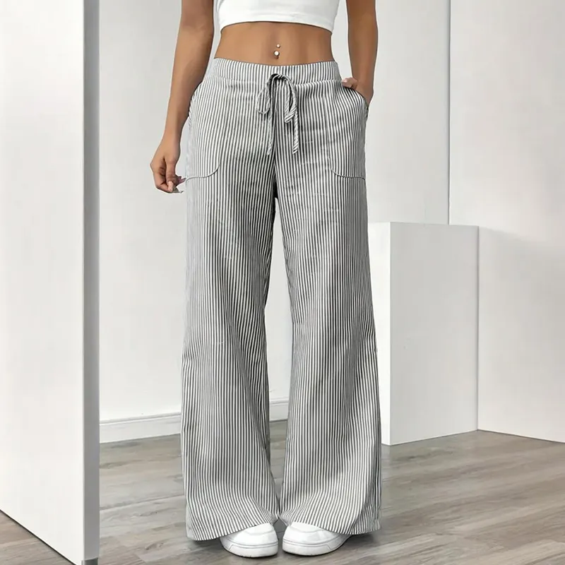 Women's Striped Print Straight Wide Leg Pants Drawstring Waist Slant Pockets Pants Casual Long Pants - Gray
