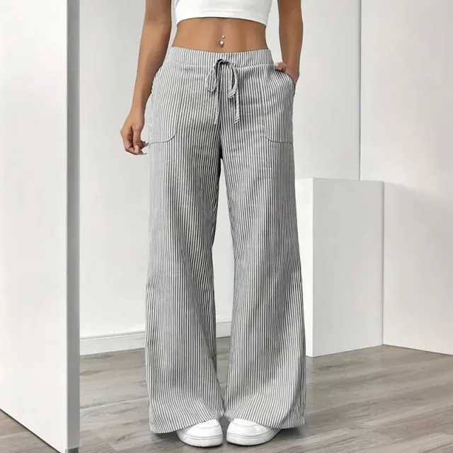 Women's Striped Print Straight Wide Leg Pants Drawstring Waist Slant Pockets Pants Casual Long Pants Gray - Shop at LoveMi