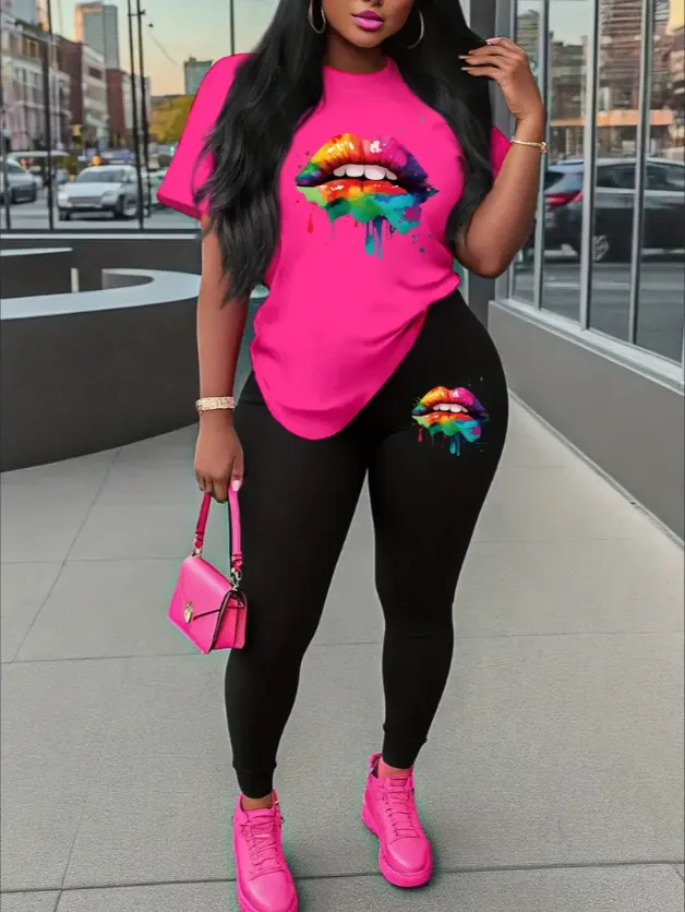 Women's Alphabet Printed Round Neck T Shirt And Leggings Set Black - Shop at LoveMi