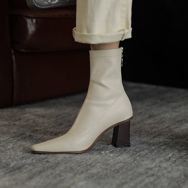 Back Zipper Thick Heel Socks Boots High Heel Short