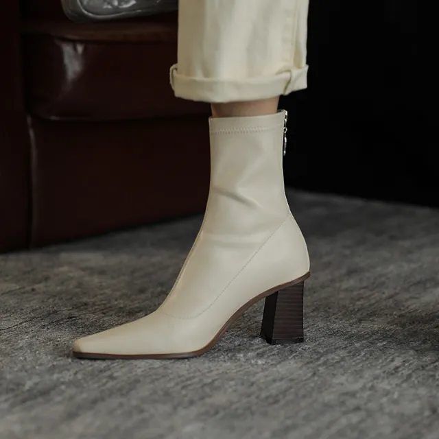 Back Zipper Thick Heel Socks Boots High Heel Short Beige - Shop at LoveMi