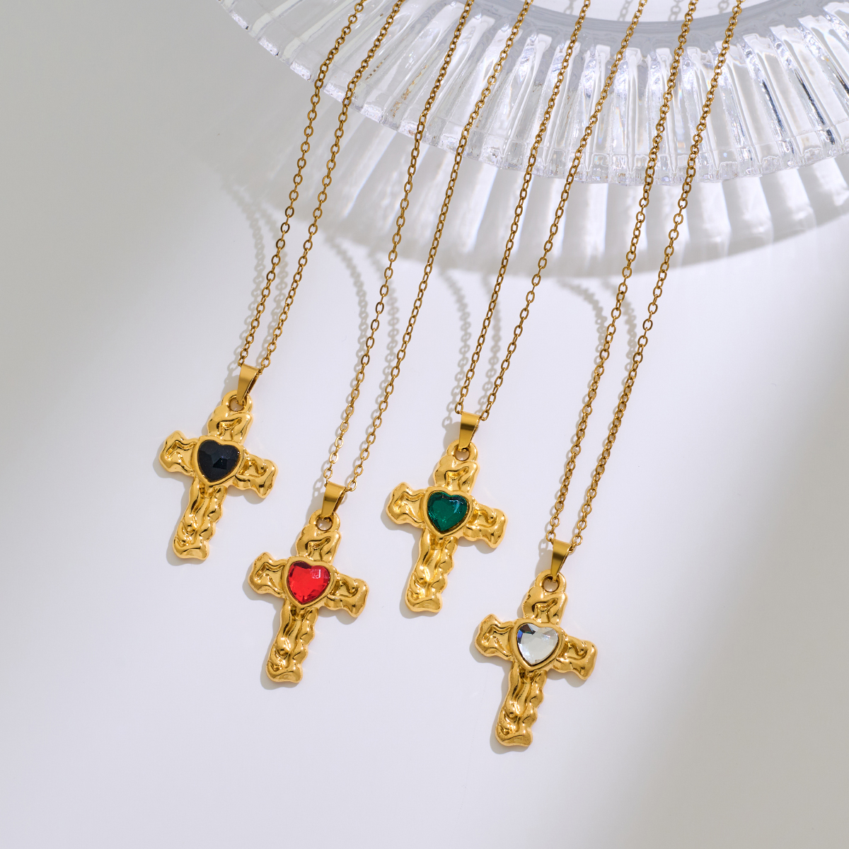 Stainless Steel Heart-shaped Cross Pendant Necklace With Rhinestone Inlay