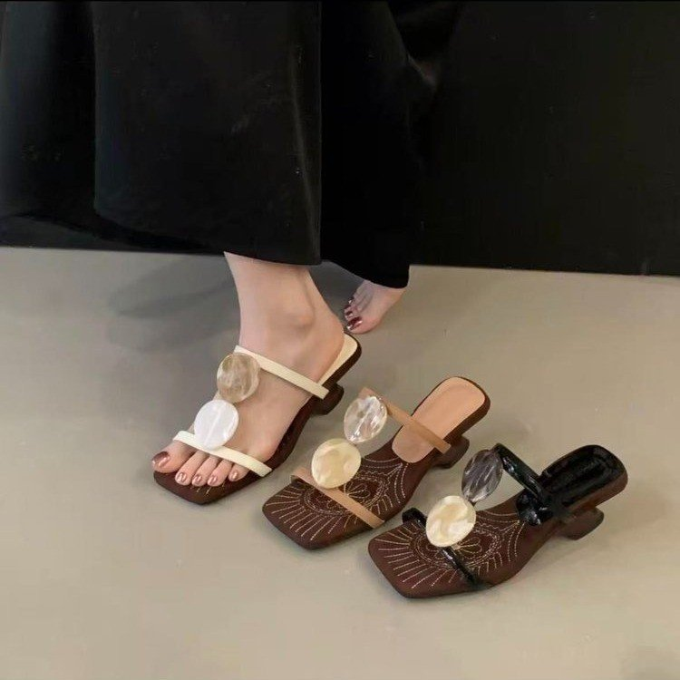 New French Niche Design Square Toe Soft Leather Slide Sandals For Women, Low Heel Elegant Open Toe Outdoor Slippers