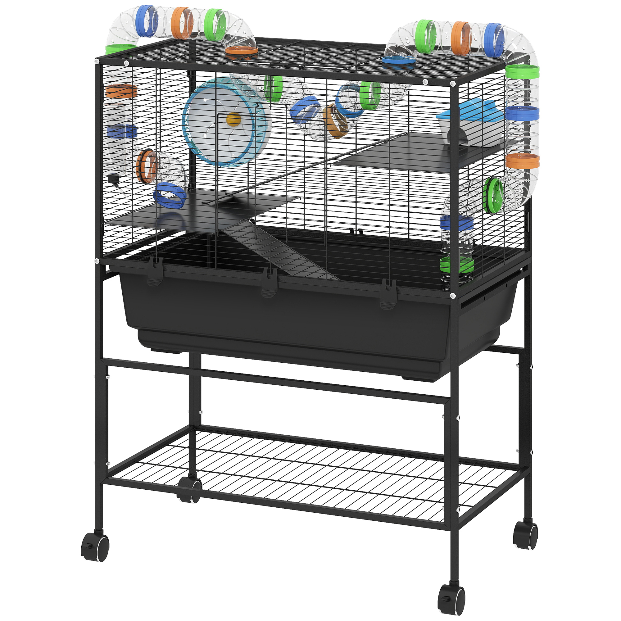 3 Tier Hamster Cage, Rolling Rat Cage With Deep Tray, Storage Shelf, Big Exercise Wheel, Hut, Tube System Black - Shop at LoveMi