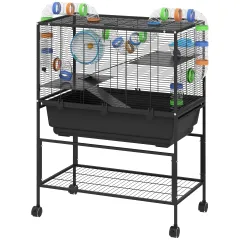 3 Tier Hamster Cage, Rolling Rat Cage With Deep Tray, Storage Shelf, Big Exercise Wheel, Hut, Tube System - Black - View 1