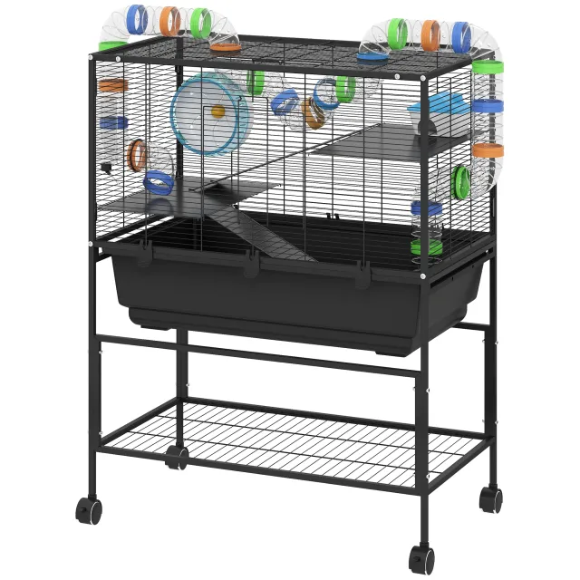 3 Tier Hamster Cage, Rolling Rat Cage With Deep Tray, Storage Shelf, Big Exercise Wheel, Hut, Tube System Black - Shop at LoveMi