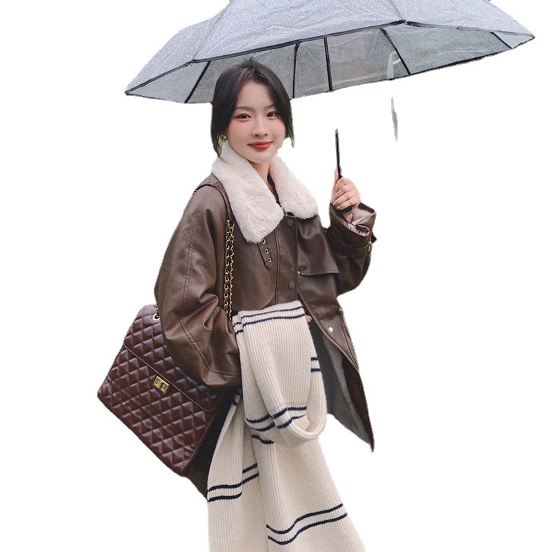 Women's New Leather Motorcycle Jacket Lamb Wool Coat