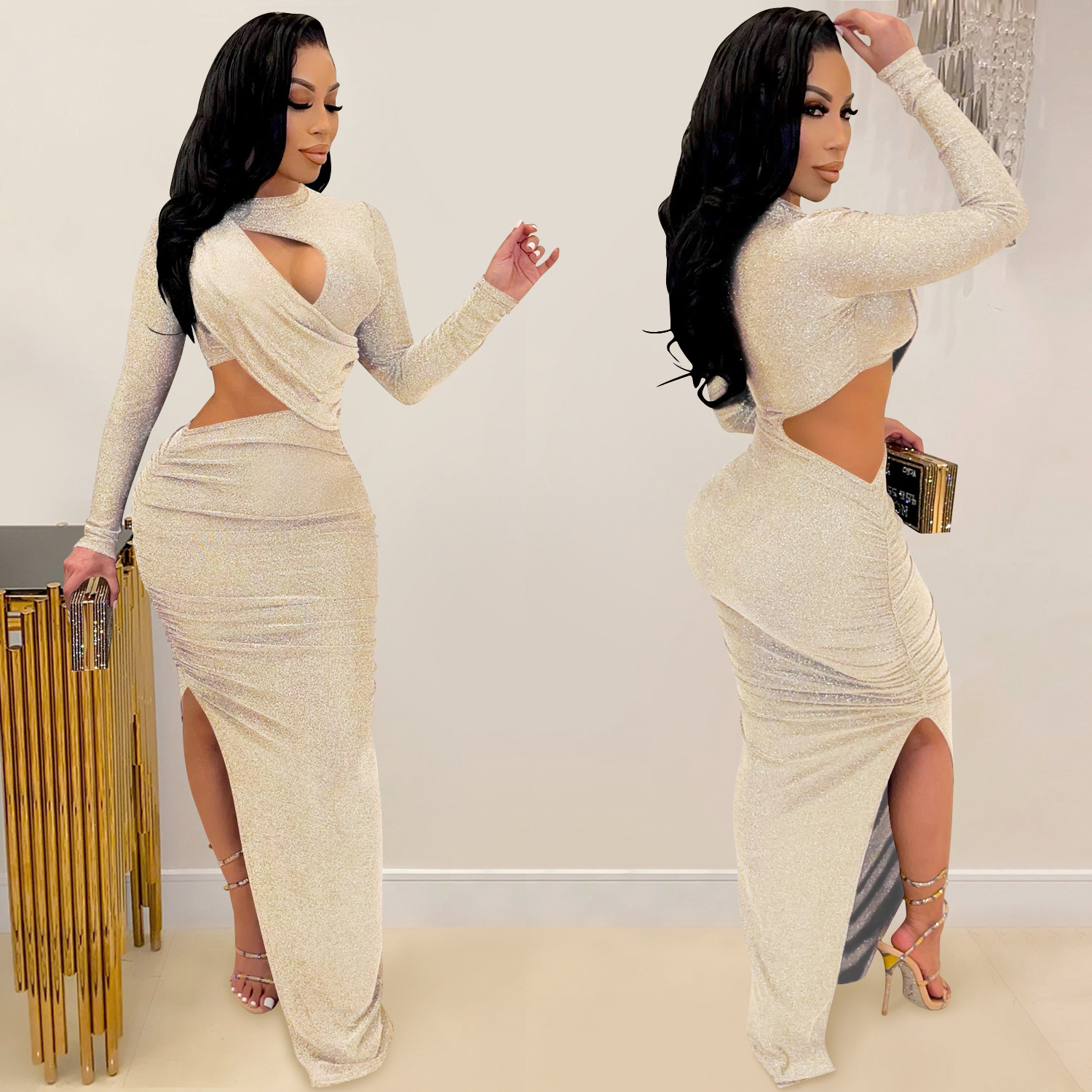 Ladies Long Sleeve Hollow Split Dress - 7