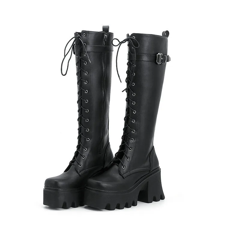 Women's Long British Style New High Boots Thick Sole Knight Boots - Black