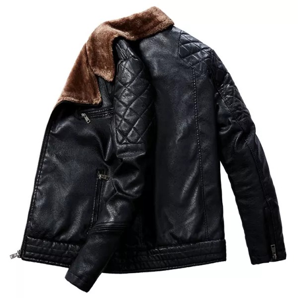 Men's Jacket Oblique Zipper Plus Fleece Suit Collar PU