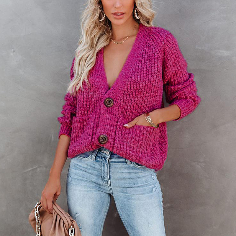 Solid Color V-neck Cardigan Single-breasted