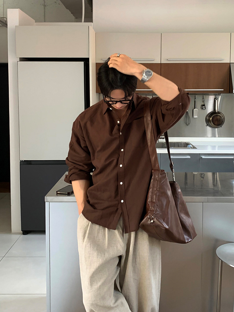 Men's Solid Color Cotton And Linen Long-sleeved Shirt