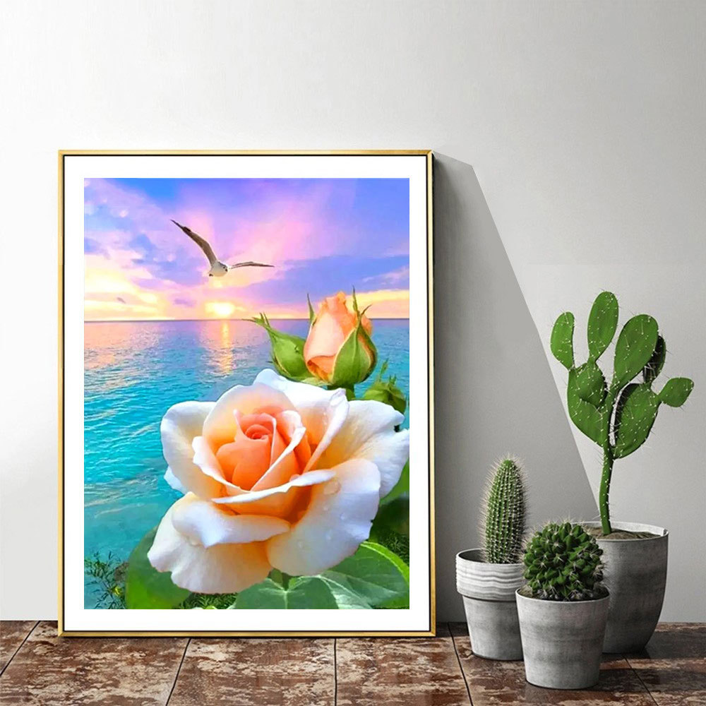 Rose Embroidery Flower Mosaic Sea Wall Art