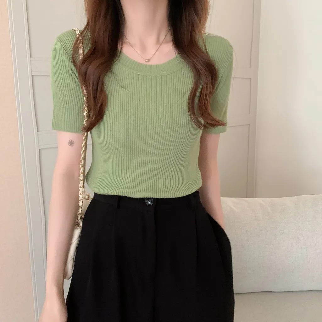 Women's Round Neck Ice Silk Knit Short Sleeves - Green