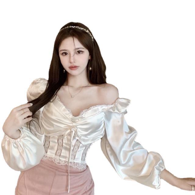 French Lace Shirt Women's Satin Niche Short Long Sleeve Top