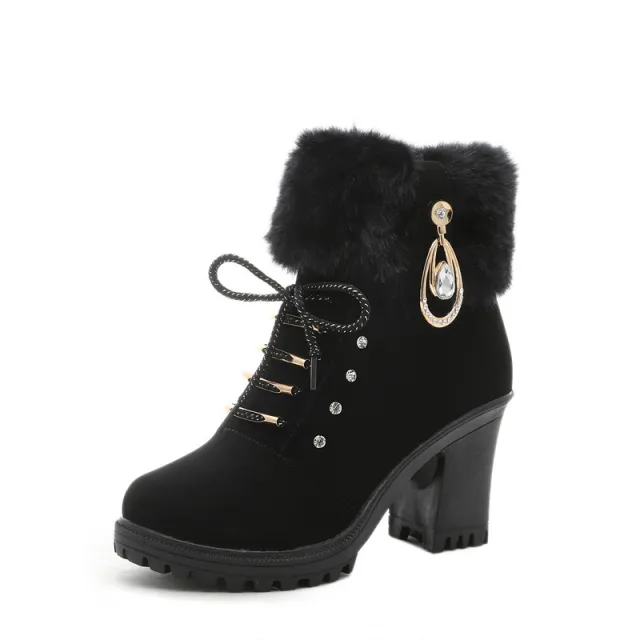 Plush Martin Boots With Lace Up High Heels Black - Shop at LoveMi