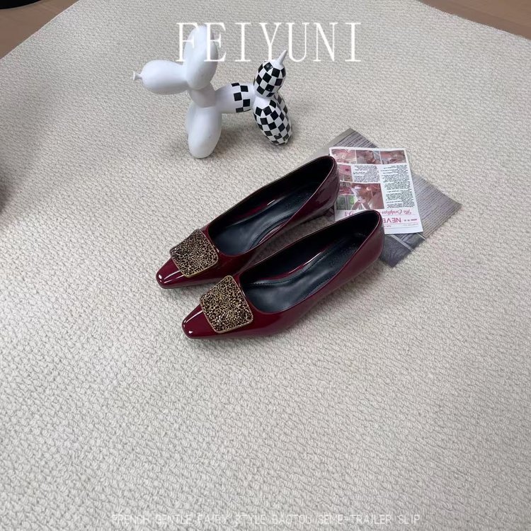 Mid Block Heel Women's Shoes, French Style Rhinestone Metal Buckle Slipon Shallow Mouth Lightweight Pumps For Spring And Autumn 5