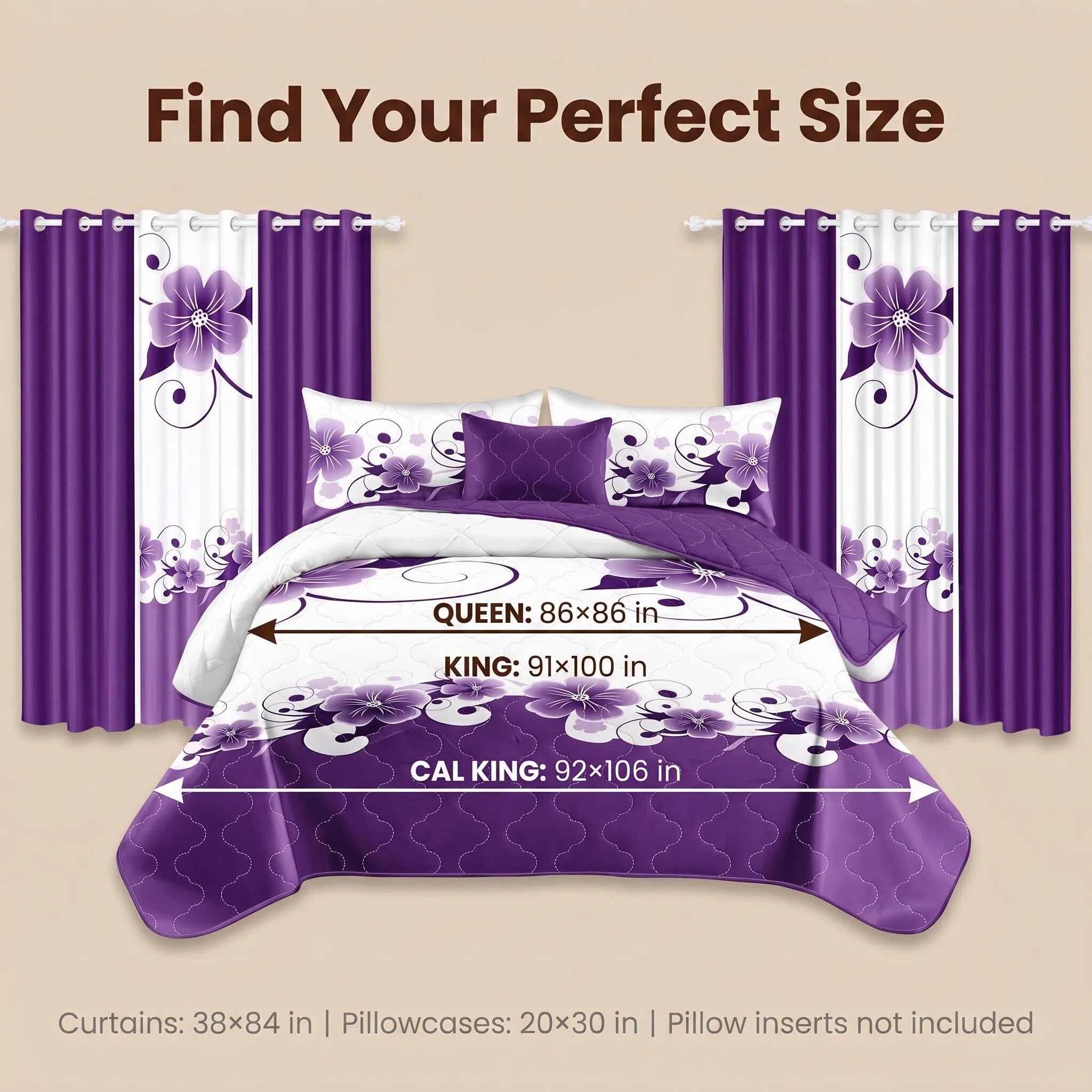 9-Piece Purple And White Gardenia Bedspread And Curtain Set, Reversible Microfiber Bedding Set For King And California King