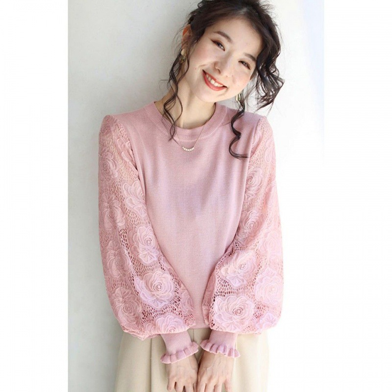 Women's Fashion Lace Stitching Lantern Sleeve Crew Neck Sweater