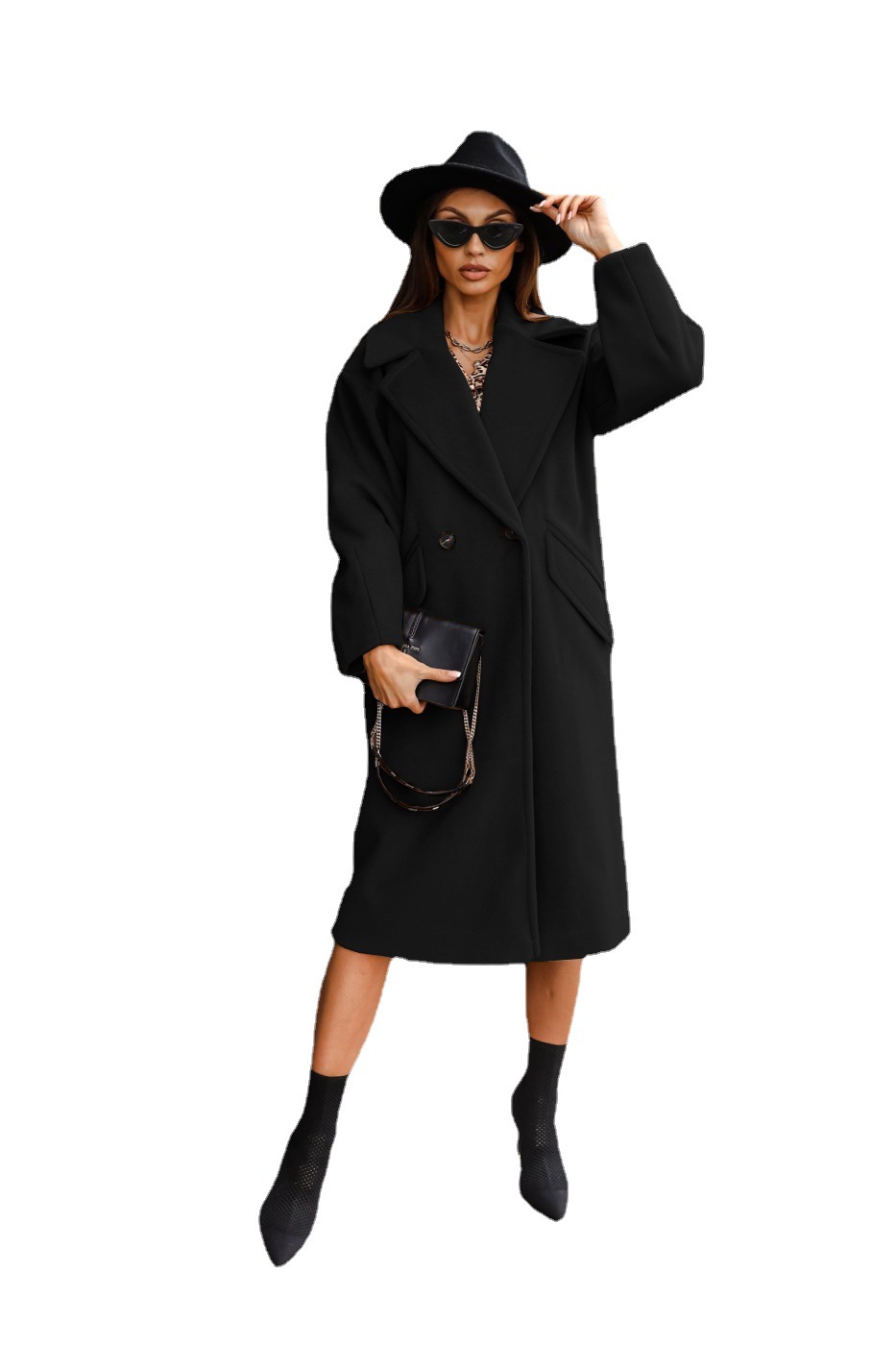 Double-breasted Suit Collar Solid Color Long Woolen Outer